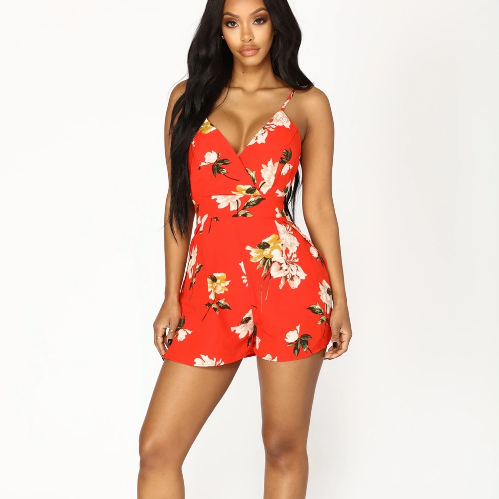 FN Vine Grow Floral Romper Open Tie Back - Red